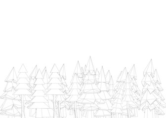 Naklejka premium A forest of trees is drawn in black and white. The trees are sparsely scattered throughout the image, with some closer together and others further apart