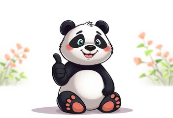 Adorable cartoon panda bear sitting, giving a thumbs-up gesture Ample empty space surrounds the illustration, background,  empty background