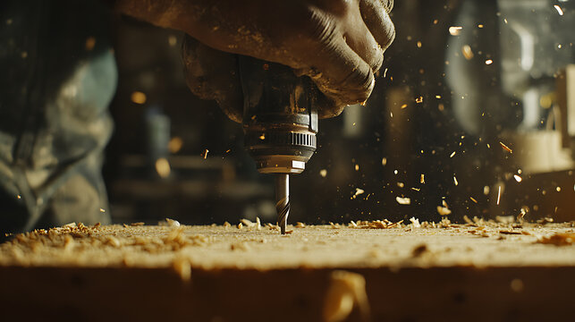 Close-up of a hand using a drill on wood with sawdust flying