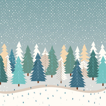 Fototapeta Snowy forest with fir trees vector illustration in scandinavian laconic style. Christmas natural background for postcards and invitations. New Year's backdrop of cold northern nature.