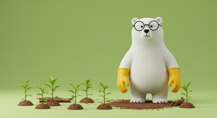 Obraz premium Cartoon polar bear wearing glasses plants trees to save the environment and promote sustainability with hope for the future