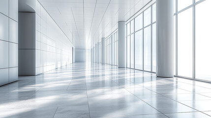 Bright and spacious corridor with white walls and large glass panels, creating serene atmosphere