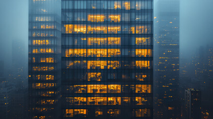 Evening city office tower illuminated with warm lights, creating cozy atmosphere