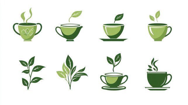 Green tea cup icons, leaf illustrations, beverage menu design