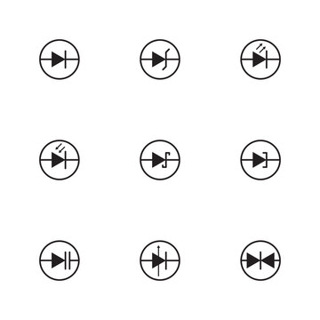 Collection of diode icons in black outline style, featuring standard, zener, schottky, and photodiodes. Perfect for electronics schematics, circuit diagrams, and engineering illustrations.