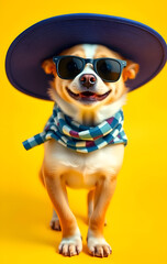 funny and happy dog in blue big hat  against vibrant yellow background. Digital artwork. Ai generated