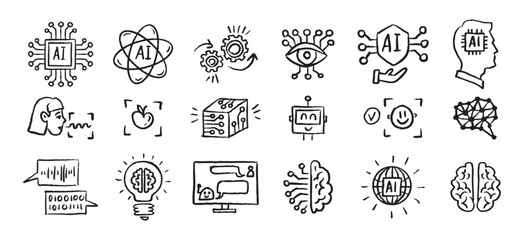 Artificial Intelligence Icons grunge chalk hand drawn doodle Brush set. Outline AI drawing crayon 