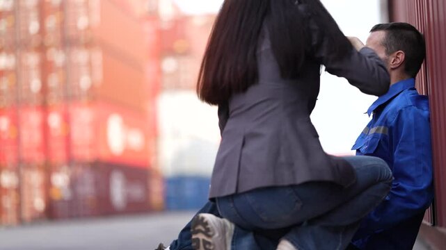 A female engineer gives first aid to an injured male colleague at a shipping container yard, showing workplace safety response and emergency care.