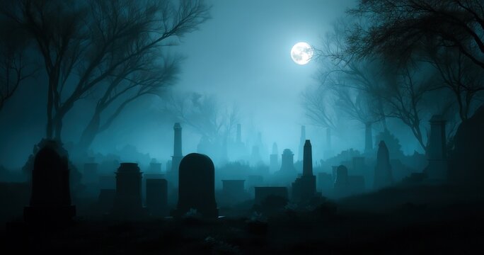 Un cimeti&egrave;re brumeux, la nuit, avec des pierres tombales et un clair de lune inqui&eacute;tant, une atmosph&egrave;re &eacute;trange, dans un style gothique.