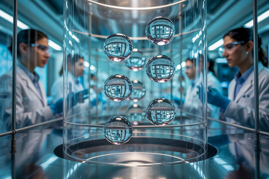 Floating water droplets defying gravity in zero-G lab, scientific experiment, 8K realism - Powered by Adobe