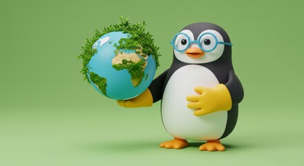 Fototapeta premium Cartoon penguin character with glasses holding a green earth globe for environmental awareness and sustainability