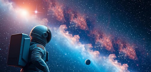 Astronaut in spacesuit gazing at vast, star-filled cosmos, mysterious, drawing