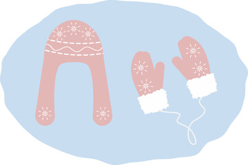 Ear flap hat and mittens fur decor on string with snowflakes ornament Trendy pink Winter clothes Set