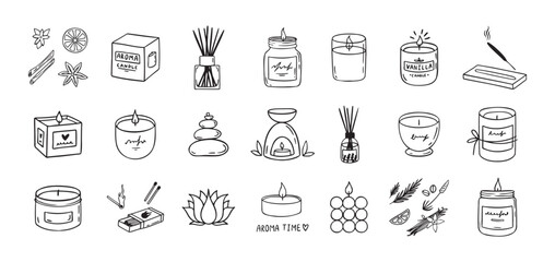 Fototapeta premium Hand drawn doodle candles set . Outline aroma collection. Burning aroma candles, Various Candles. Pillar, square and container candle. Decorative wax spice candles for relax and spa.
