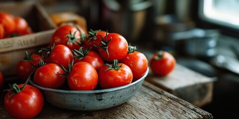 Ripe red tomatoes in a rustic bowl, fresh from the garden on a wooden table.