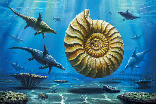 Prehistoric ocean with giant ammonites and mosasaurs, ultra-detailed paleoart