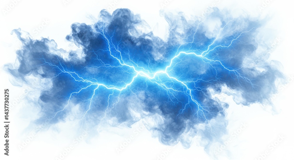 Aufkleber blue lightning strikes across a cloudy sky with white background in a digital rendering style