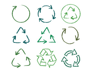 Recycle arrow hand drawn pencil line icon set. Crayon green recycle arrow chalk Icon Vector drawing