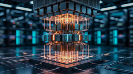 Quantum computer core with glowing qubits, futuristic data center, cinematic lighting