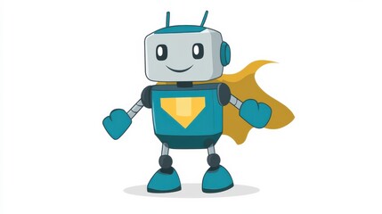 Cartoon superhero robot character with cheerful expression and vibrant yellow cape illustration