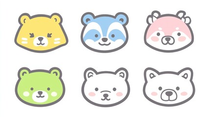 Six cartoon animal heads of different colors on white background for kids