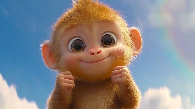 Delightful animated monkey cub portrait on bright sky backdrop charming wildlife illustration