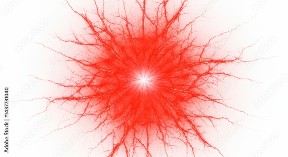 Poster a red and white abstract image with a central burst and radiating lines on a white background