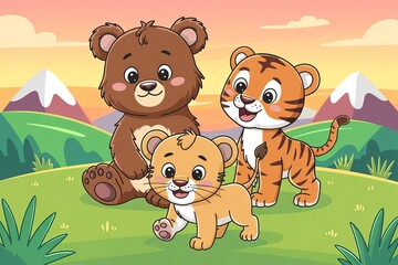 Fototapeta premium Charming Cartoon Teddy Bear, Baby Lion, and Tiger Cubs in Animated Landscape