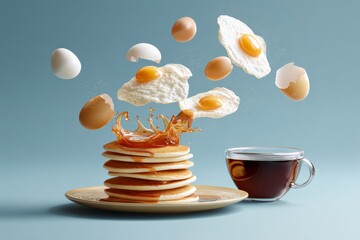 A playful, surreal breakfast scene featuring pancakes with flying eggs and bacon. A cup of coffee sits beside the plate, and everything appears to be suspended in mid-air