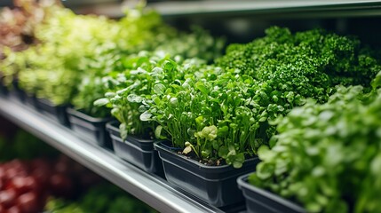 fresh green herbs in nursery trays at a greenhouse for gardening and organic food preparation