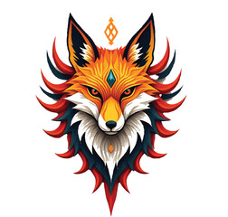 A striking, highly detailed digital illustration of a fox, depicted with vibrant colors and intricate patterns. The fox's fur blends fiery oranges, deep reds, and dark teals, giving it a dynamic 