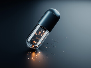 futuristic digital medicine concept - Black capsule with glowing microchips and scattered data particles on dark minimal background