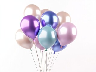 A bunch of colorful metallic balloons floating against a white background, creating a festive atmosphere
