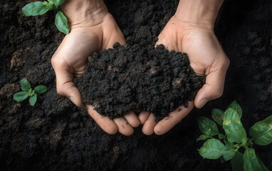 Top view of soil in hands for check the quality of the soil for control soil quality before seed plant. Future agriculture concept. Smart farming, using modern technologies in agriculture.