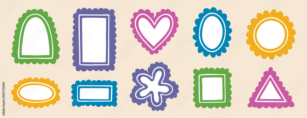 Poster borders empty frames template cute wavy line doodle set. round shape, heart square rectangle arch tr
