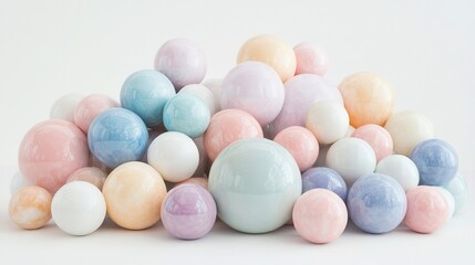 Pastel-colored sphere decorative objects.  A collection of various pastel-toned, round decorative items, stacked in a mound.  Soft, gentle hues create a calming visual appeal