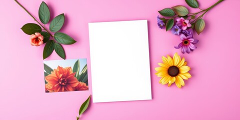 Blank white brochure mock-up on pink and violet paper, pastel purple background, design, advertising