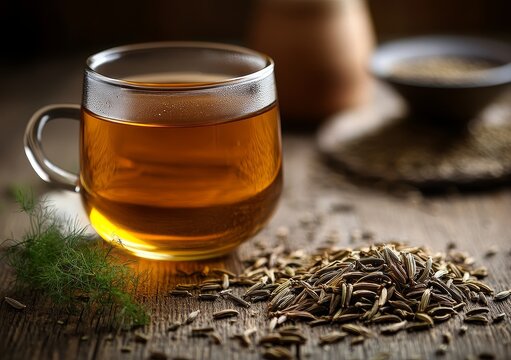 A transparent glass cup filled with brown liquid, placed on a wooden surface with scattered seeds and a small bowl in the background