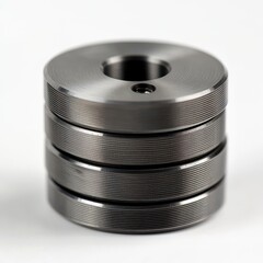 Stack of four machined metal rings with central holes on white background