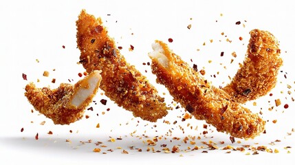 Crispy Fried Chicken Strips with Crumbs Airborne Mid Flight