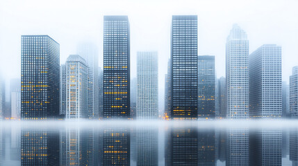 Fototapeta premium serene view of modern skyscrapers reflected in calm water under misty sky