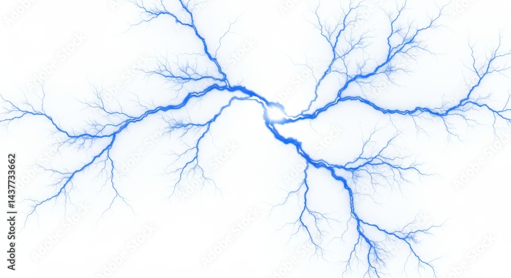 Poster a striking display of blue lightning bolts branching across a clean white background in high resolut