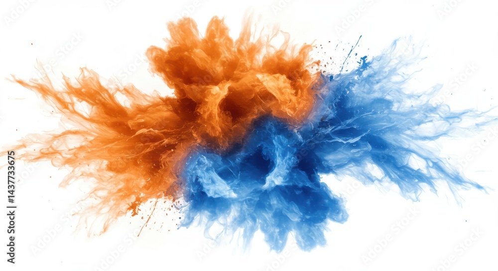 Aufkleber an abstract explosion of orange and blue powder against a white background creating a dynamic effect