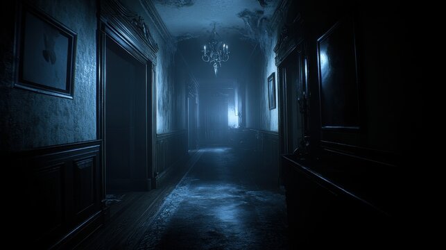 Spooky mansion hallway, dark and eerie