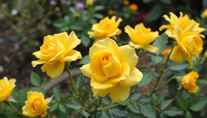 Fototapeta premium Beautiful yellow roses blooming in a vibrant garden 