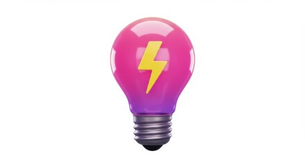A lightbulb with a pink top fading to purple and a yellow lightning bolt on a white background