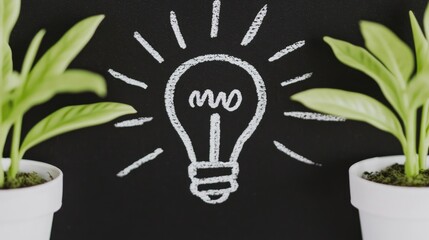 Idea generation, inspiration, and growth concept. Two small potted plants flank a chalk drawing of a lightbulb on a dark background