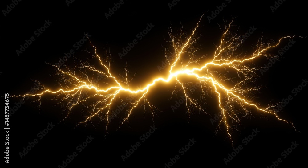 Poster a striking display of golden lightning illuminating a stark black background with branching patterns