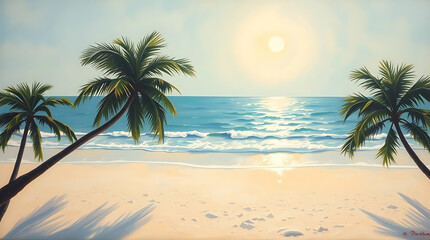 Obraz premium Minimalist summer concept design. Linear simple, modern style. Summer background with palms, beach, sea and sun illustration
