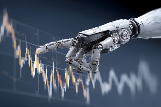 Ai artificial intelligence tool analysis stock market.  Investor use smart robot automation technology for analysis graph data for decision trading. Robotic arm pointing at stock chart